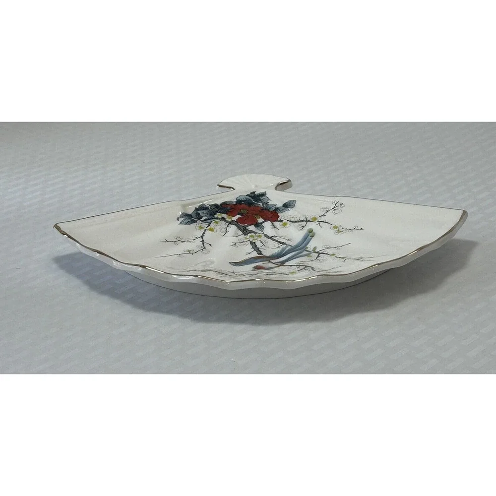 Jay Japan Fine‎ China Fan Shaped Decorative Dish Birds Cherry Blossom Vintage